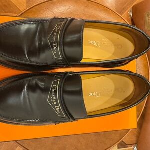 Dior Black Leather Men's Loafers with Gold Logo